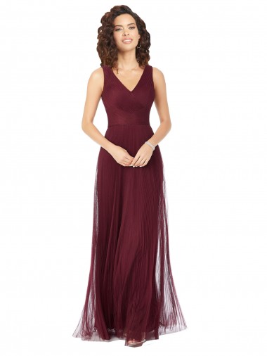 Ouro Borgonha Linha A Decote V Tule Longo Vestidos de Madrinha