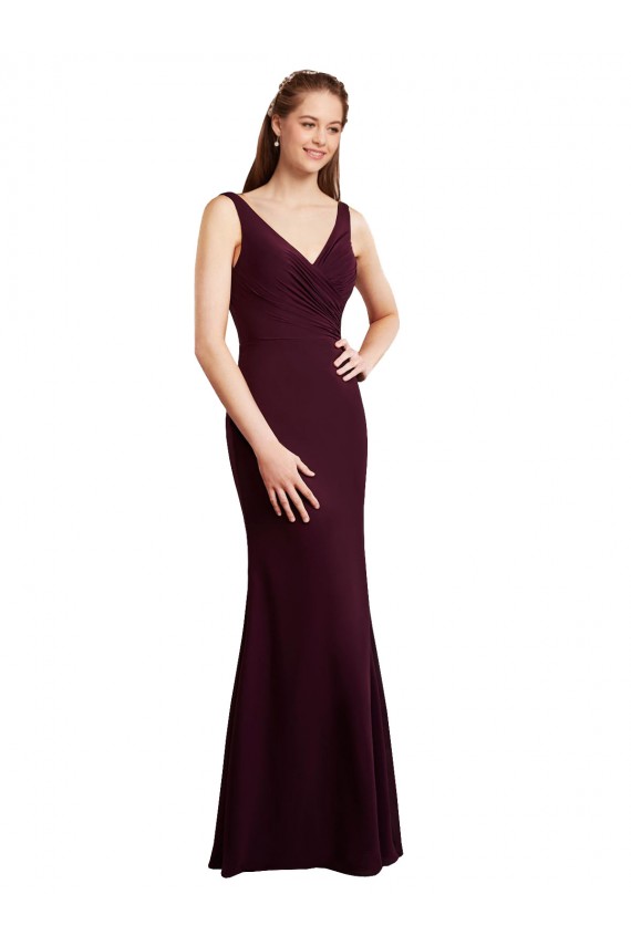 Ouro Borgonha Sereia Decote V Chiffon Longo Vestidos de Madrinha Acessíveis