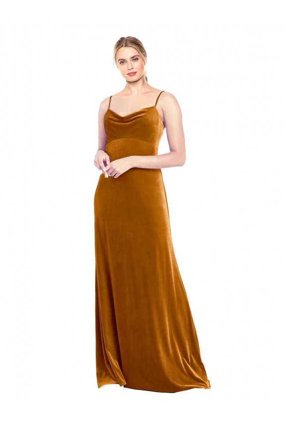 Ouro Linha A Alças finas Veludo Elástico Longo Vestidos de Madrinha / Vestidos de Festa Acessíveis