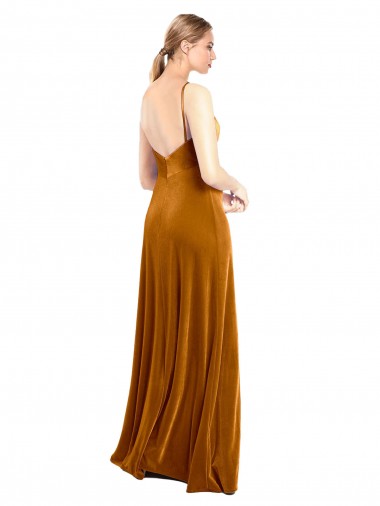 Ouro Linha A Alças finas Veludo Elástico Longo Vestidos de Madrinha / Vestidos de Festa