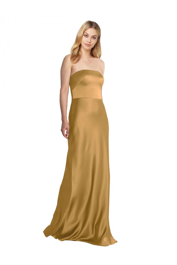 Ouro Linha A Sem alças Cetim Elástico Longo Formais Vestidos de Madrinha / Vestidos de Festa