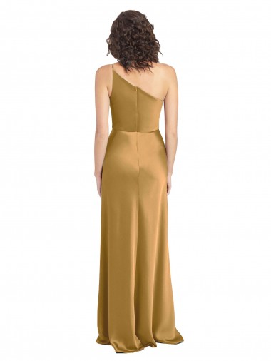 Ouro Linha A Um Ombro Cetim Elástico Longo Formais Vestidos de Madrinha / Vestidos de Festa