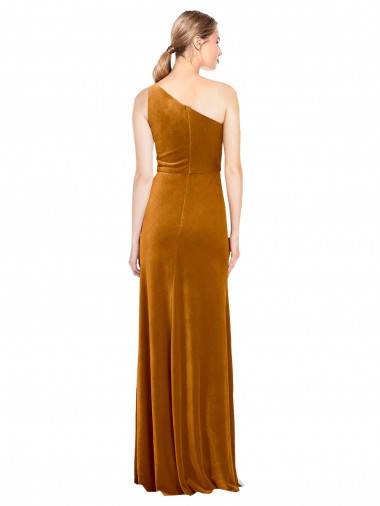 Ouro Linha A Um Ombro Veludo Elástico Longo Formais Vestidos de Madrinha / Vestidos de Festa