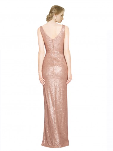 Ouro Rosa Lantejoulas Bainha Decote V Longo Formais Vestidos de Madrinha / Vestidos de Noite / Vestidos de Festa