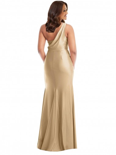Ouro Suave Sereia Um Ombro Cetim Sedoso Longo Formais Vestidos de Madrinha / Vestidos de Festa