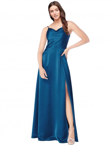Pavão Azul Linha A Alças finas Cetim Sedoso Longo Formais Vestidos de Madrinha / Vestidos de Festa