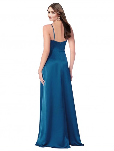 Pavão Azul Linha A Alças finas Cetim Sedoso Longo Formais Vestidos de Madrinha / Vestidos de Festa