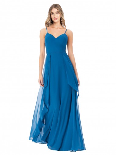 Pavão Azul Linha A Alças finas Chiffon Longo Vestidos de Madrinha