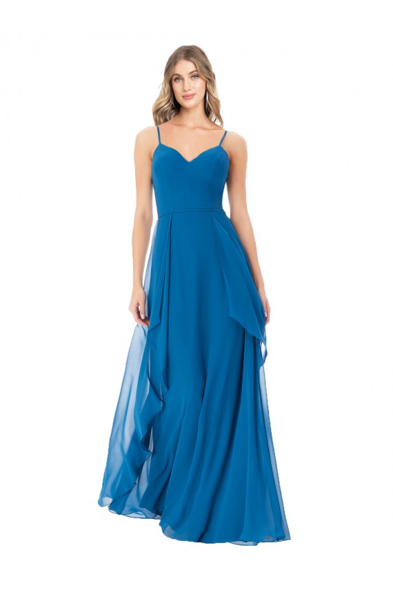 Pavão Azul Linha A Alças finas Chiffon Longo Vestidos de Madrinha Acessíveis