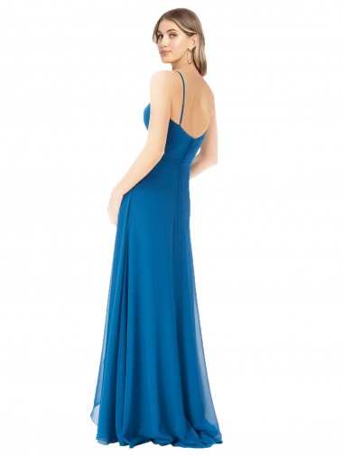 Pavão Azul Linha A Alças finas Chiffon Longo Vestidos de Madrinha