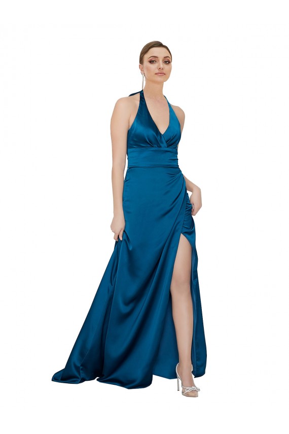 Pavão Azul Linha A Cabeçada Cetim Sedoso Longo Formais Vestidos de Madrinha / Vestidos de Festa Acessíveis