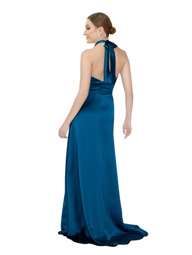 Pavão Azul Linha A Cabeçada Cetim Sedoso Longo Formais Vestidos de Madrinha / Vestidos de Festa
