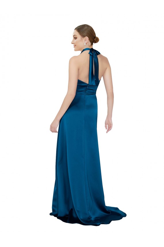 Pavão Azul Linha A Cabeçada Cetim Sedoso Longo Formais Vestidos de Madrinha / Vestidos de Festa Acessíveis