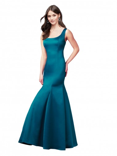 Pavão Azul Sereia Barco Cetim Longo Vestidos de Madrinha / Vestidos de Festa