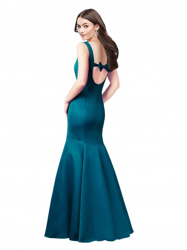 Pavão Azul Sereia Barco Cetim Longo Vestidos de Madrinha / Vestidos de Festa