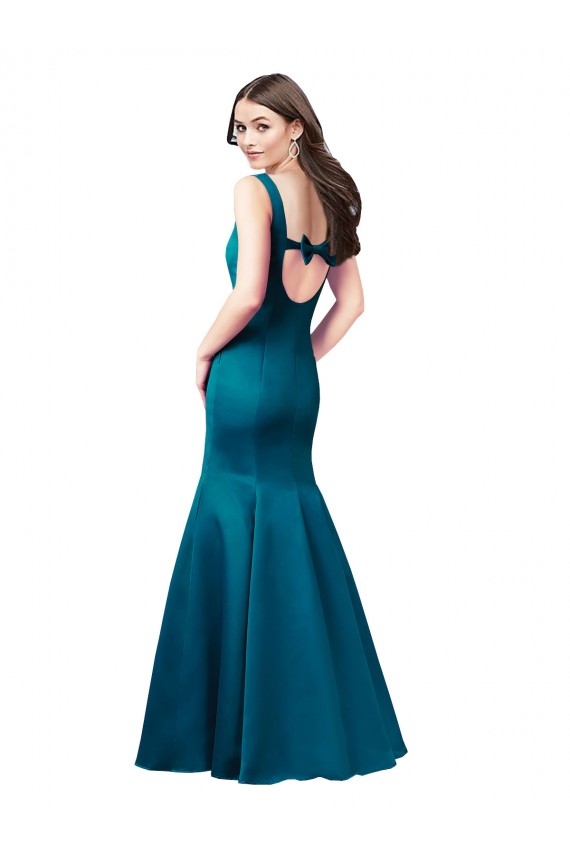 Pavão Azul Sereia Barco Cetim Longo Vestidos de Madrinha / Vestidos de Festa Acessíveis