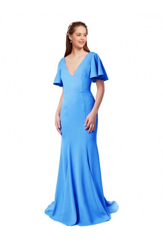 Pavão Azul Sereia Decote V Comboio Varredela Crepe Esticado Longo Vestidos de Madrinha / Vestidos de Festa Acessíveis