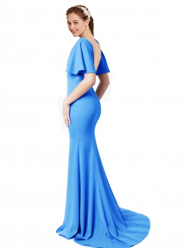 Pavão Azul Sereia Decote V Comboio Varredela Crepe Esticado Longo Vestidos de Madrinha / Vestidos de Festa