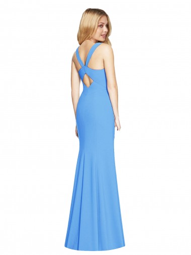 Pavão Azul Trombeta Decote V Crepe Esticado Longo Vestidos de Madrinha / Vestidos de Festa