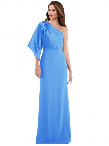 Pavão Azul Trombeta Um Ombro Crepe Esticado Longo Vestidos de Madrinha / Vestidos de Festa