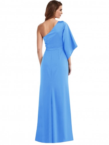 Pavão Azul Trombeta Um Ombro Crepe Esticado Longo Vestidos de Madrinha / Vestidos de Festa