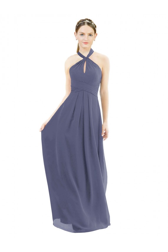 Pedra Prateada Chiffon Linha A Lombar Cabeçada Longo Vestidos de Madrinha Acessíveis