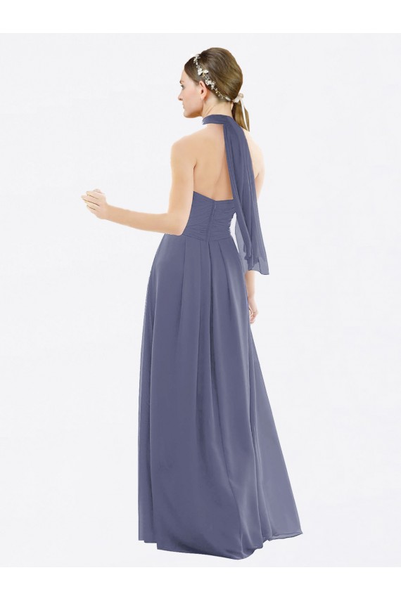 Pedra Prateada Chiffon Linha A Lombar Cabeçada Longo Vestidos de Madrinha Acessíveis