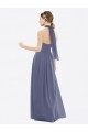 Pedra Prateada Chiffon Linha A Lombar Cabeçada Longo Vestidos de Madrinha Acessíveis