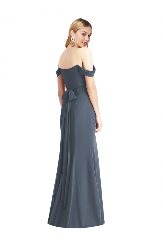 Pedra Prateada Trombeta Fora do Ombro Chiffon Longo Vestidos de Madrinha Acessíveis
