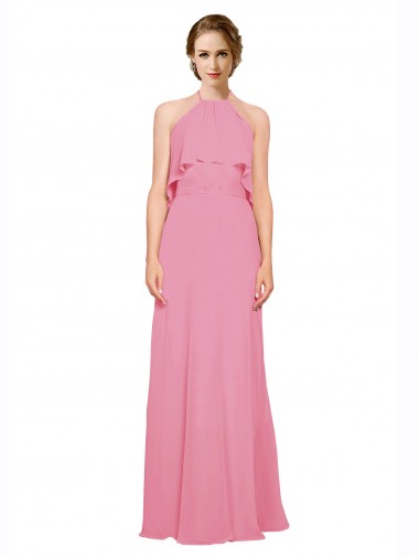 Pele Rosa Chiffon Linha A Lombar Decote Alto Longo Vestidos de Madrinha