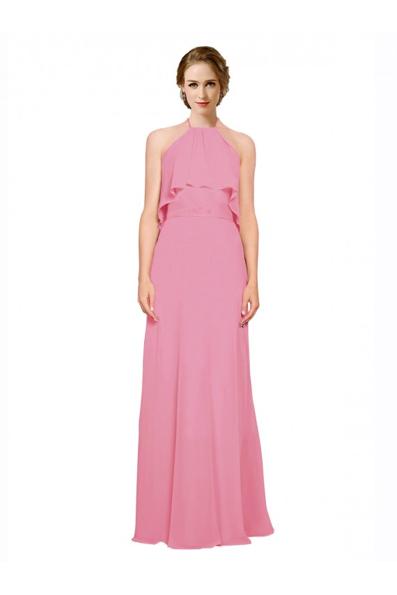 Pele Rosa Chiffon Linha A Lombar Decote Alto Longo Vestidos de Madrinha Acessíveis
