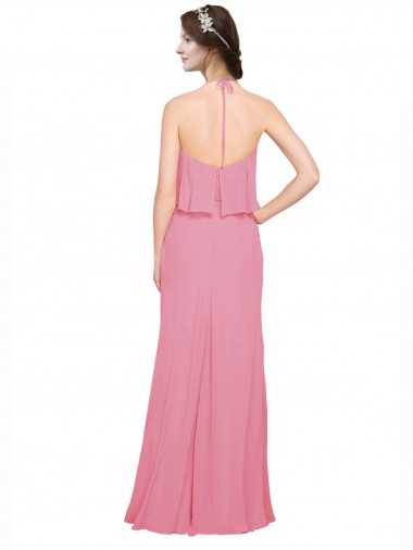 Pele Rosa Chiffon Linha A Lombar Decote Alto Longo Vestidos de Madrinha