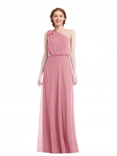 Pele Rosa Chiffon Linha A Sem Mangas Um Ombro Longo Vestidos de Madrinha