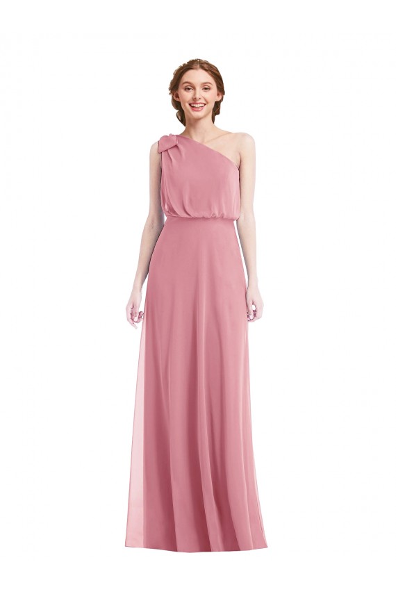 Pele Rosa Chiffon Linha A Sem Mangas Um Ombro Longo Vestidos de Madrinha Acessíveis