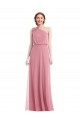 Pele Rosa Chiffon Linha A Sem Mangas Um Ombro Longo Vestidos de Madrinha Acessíveis