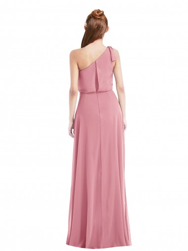 Pele Rosa Chiffon Linha A Sem Mangas Um Ombro Longo Vestidos de Madrinha