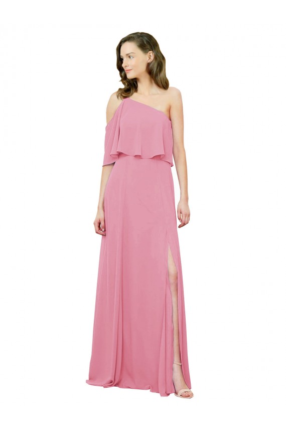 Pele Rosa Chiffon Linha A Um Ombro Longo Vestidos de Madrinha Acessíveis