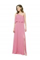 Pele Rosa Chiffon Linha A Um Ombro Longo Vestidos de Madrinha Acessíveis