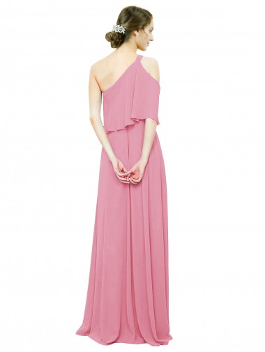 Pele Rosa Chiffon Linha A Um Ombro Longo Vestidos de Madrinha