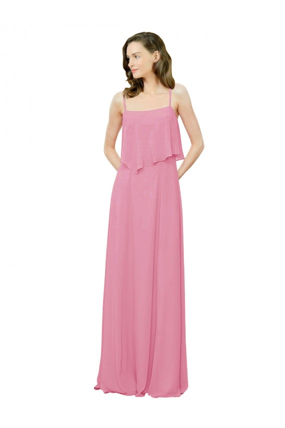 Pele Rosa Linha A Alças finas Chiffon Longo Vestidos de Madrinha Acessíveis