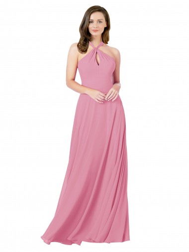 Pele Rosa Linha A Cabeçada Chiffon Longo Vestidos de Madrinha / Vestidos de Festa