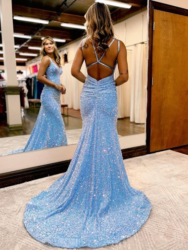 Pervinca Bainha Decote V Comboio Varredela Lantejoulas Veludo Longo Lantejoulas Veludo Vestidos de Festa