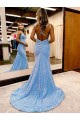 Pervinca Bainha Decote V Comboio Varredela Lantejoulas Veludo Longo Lantejoulas Veludo Vestidos de Festa Acessíveis