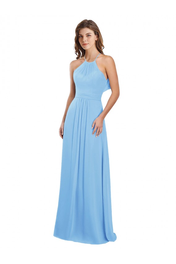 Pervinca Chiffon Linha A Buraco da fechadura Cabeçada Longo Vestidos de Madrinha Acessíveis