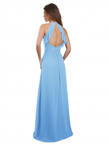 Pervinca Chiffon Linha A Buraco da fechadura Cabeçada Longo Vestidos de Madrinha