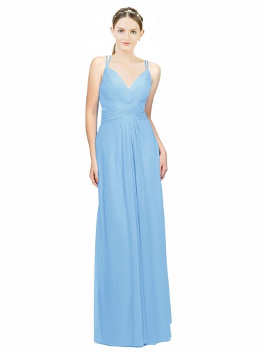 Pervinca Chiffon Linha A Buraco da fechadura Decote V Longo Vestidos de Madrinha