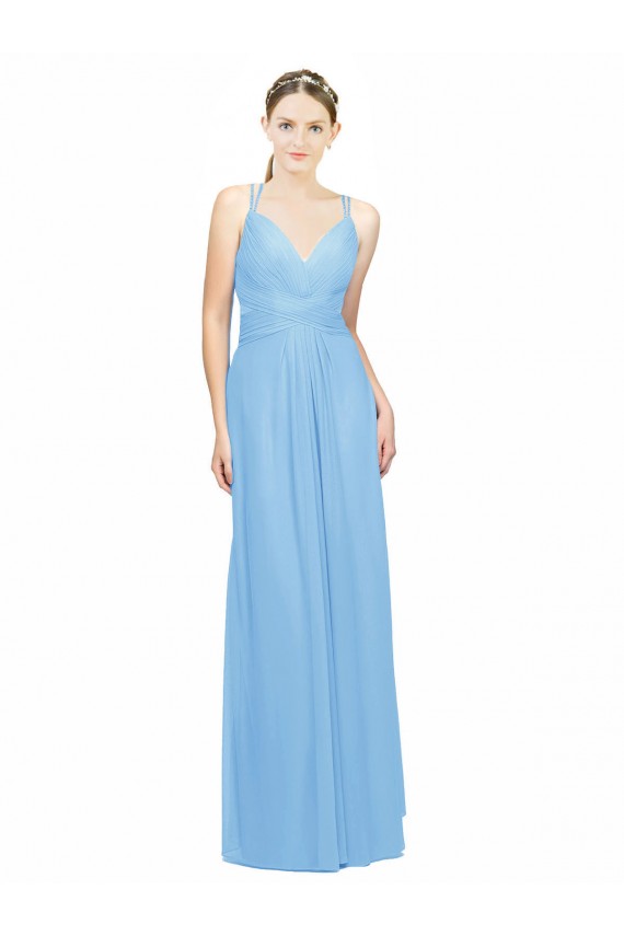 Pervinca Chiffon Linha A Buraco da fechadura Decote V Longo Vestidos de Madrinha Acessíveis