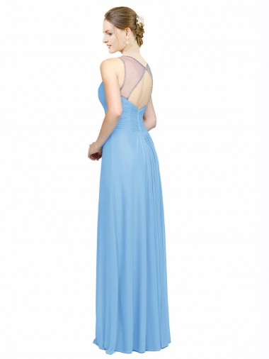Pervinca Chiffon Linha A Buraco da fechadura Decote V Longo Vestidos de Madrinha