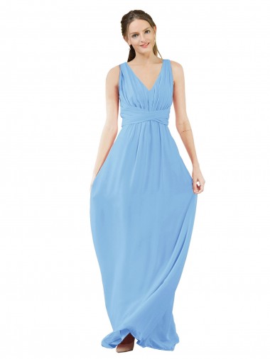 Pervinca Chiffon Linha A Decote V Longo Vestidos de Madrinha