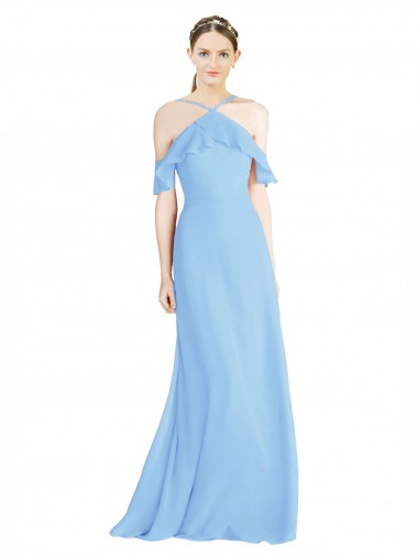 Pervinca Chiffon Linha A Lombar Cabeçada Longo Vestidos de Madrinha